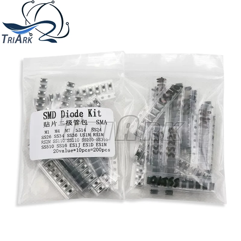 Набор SMD диодов ассорти, 20 значений * 10 шт. = 200 шт., SS110, SS220, SS210, SS310, SS510, SS16, SS26, SS34, SS36, ES1J, ES1D, M7, M4, US1M, SMA Diode