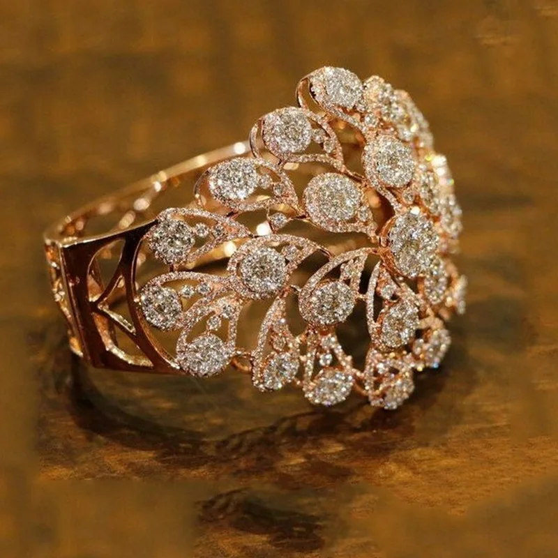 

Romantic Luxury Peacock Tail Gold Color Statement Rings for Women Bridal Engagement Wedding Jewelry Zircon CZ Rings Accessories