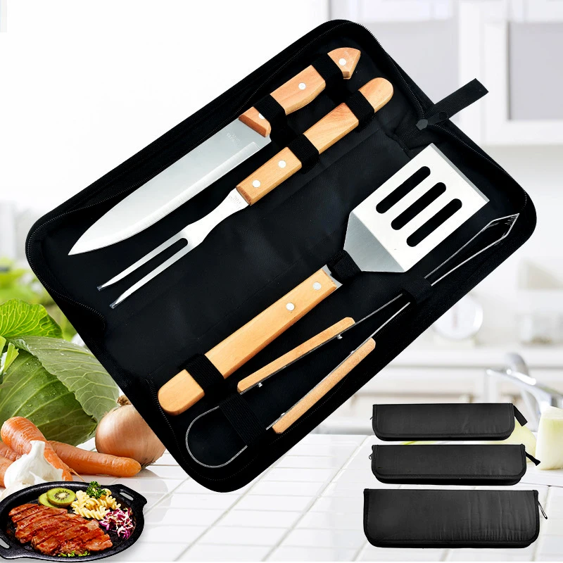 

Stainless Steel BBQ Tools Set spatula fork tongs knife brush skewers Barbecue Grilling Utensil Camping Outdoor Cooking Tool 4Set