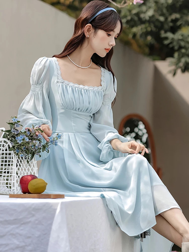 Новинка 2024 синее элегантное кружевное длинное платье с квадратным вырезом