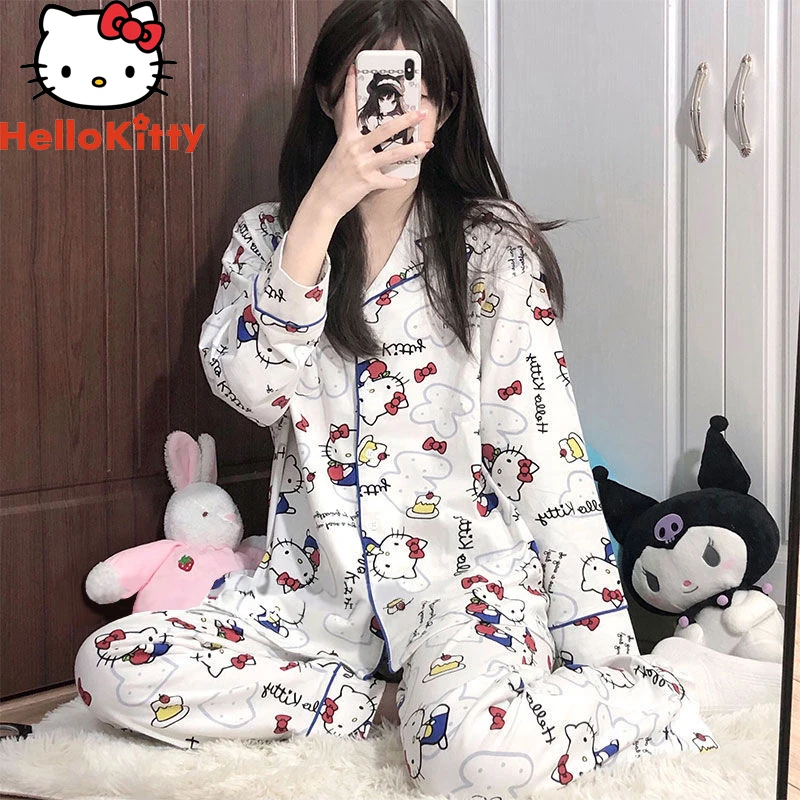 

Пижама Hello Kittys Y2K женская, Студенческая японская аниме-фигурка Sanrios, кавайный мультяшный Кардиган с длинным рукавом, свободный спортивный ко...