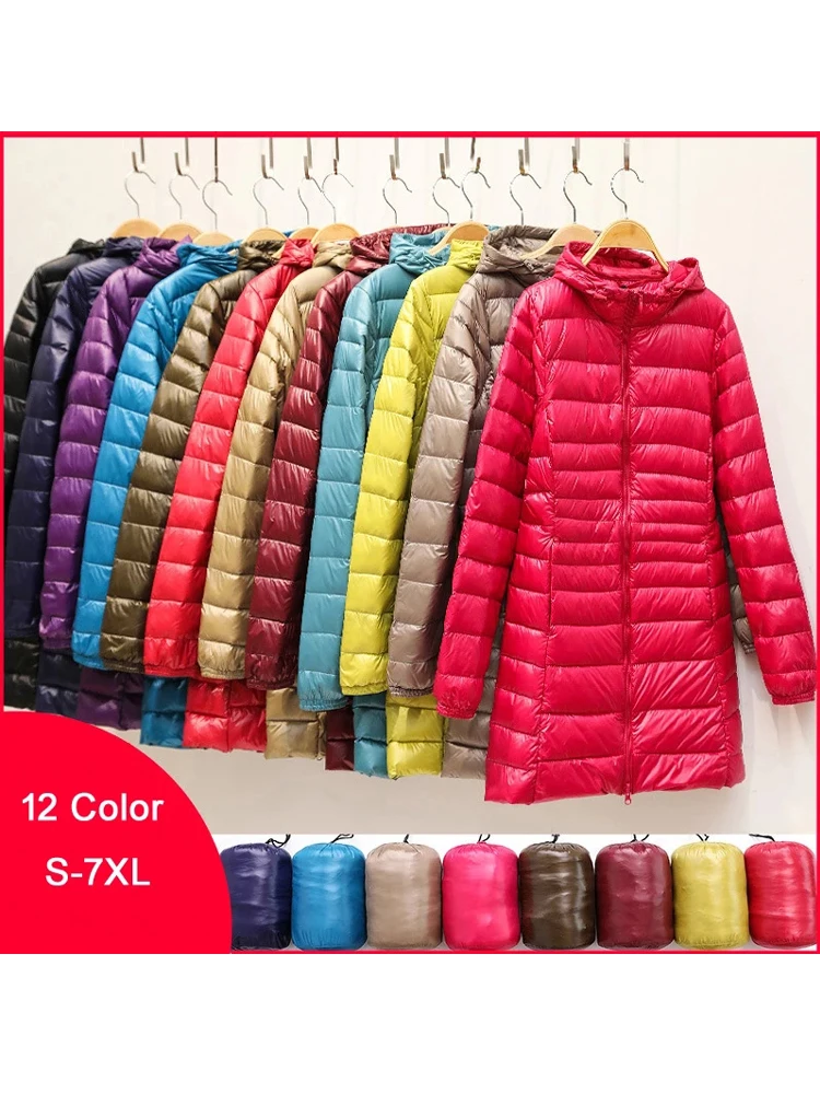 Woman Duck Down Jackets Autumn Winter Ultralight Hooded Women Down Coat Portable Long Parkas Padded Puffer Overcoat 5XL 6XL 7XL