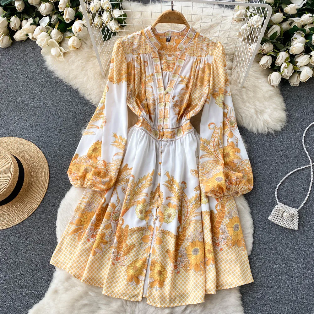 

Dresses Super fairy seaside holiday loose French retro printed bubble sleeve women V-neck Floral