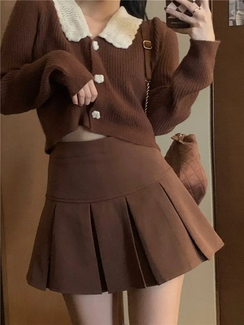 

Korean Style Knitted Suit Women's Autumn Winter Warm Mini Skirts 2021 Trend Chic Elegant Sweater Women's Skirt And Cropped Set