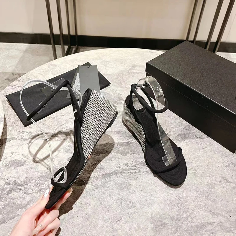 Diamond Word with High Heels Female New Open -toe Letters Buckle Black Slopes Heel Sandals Female