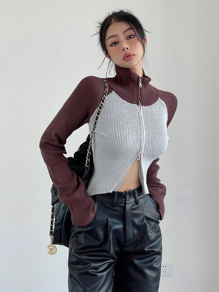 

Thickened TVVOVVIN Short American Half High Collar Patchwork Double Zipper Sweater Tops Knitting Base Slim Women RKO0