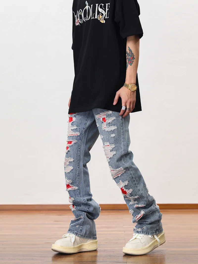 Men Distressed Ripped Destroied Denim Jean Pants New Fashion Patchwork Biker Jeans Streetwear Flare Pants Jogger Y2k Men’s Jeans