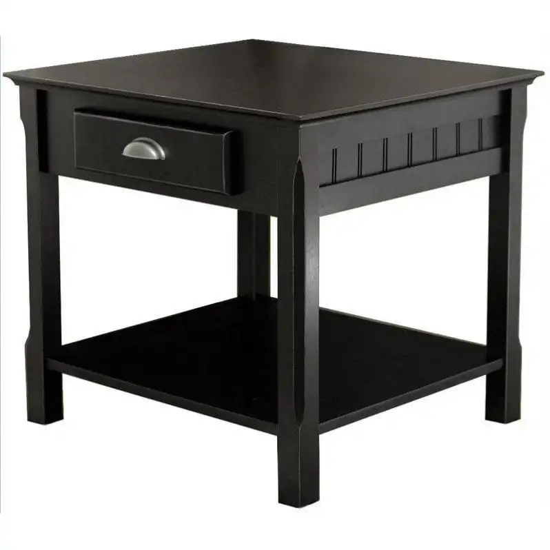 

None Wood Timber End Table with Drawer, Black Finish