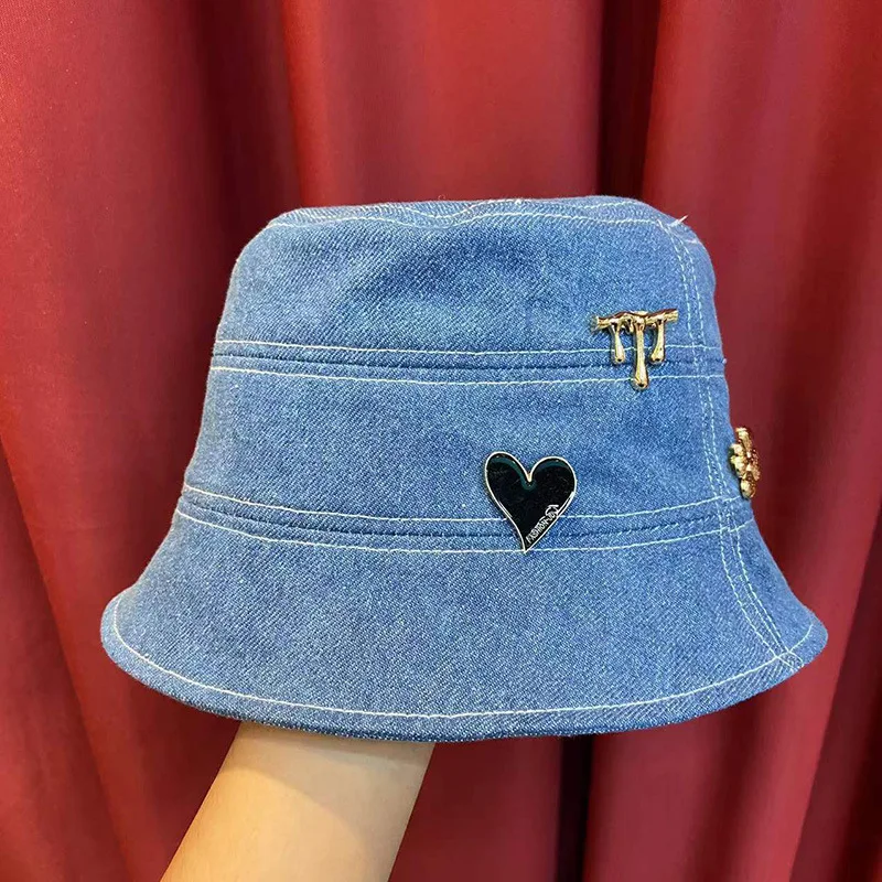

202202-XX wholesale new spring metal drip pin Fashion washed denim bucket cap men women leisure hat