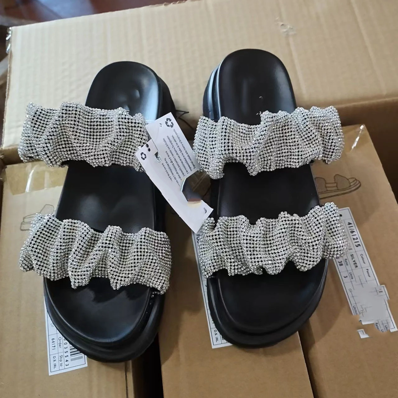 European and American 2023 new fashion casual Fashion pleated rhinestone women's platform slippers sandals