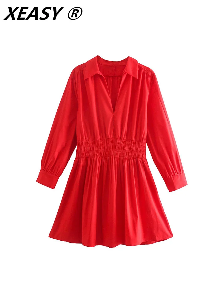 

XEASY Casual Dresses For Women 2022 Summer Mini Dress Red Women Clothing Vintage Long Sleeve Dress Tunics