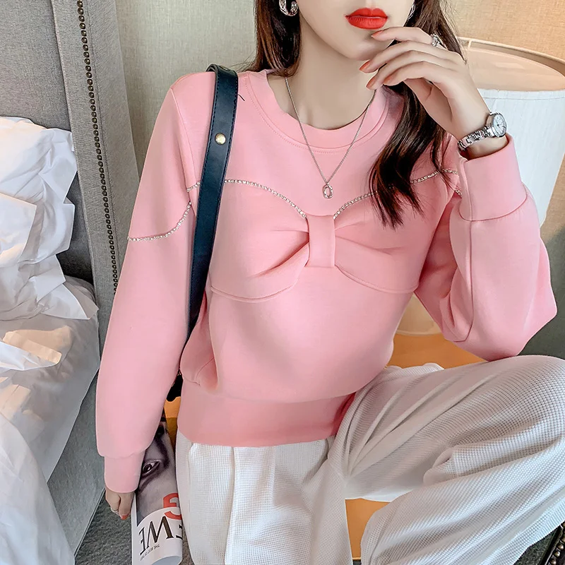 

Простой свободный свитер, однотонный топ с бантом, блузка с длинным рукавом и круглым вырезом, Новинка весна-осень 2022, женская одежда