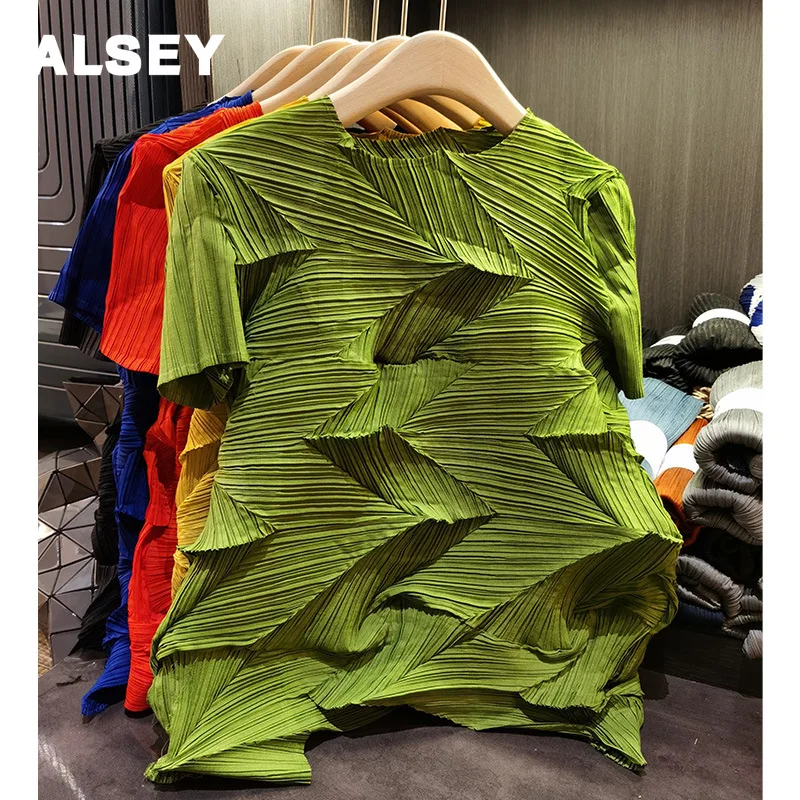 

Женская плиссированная футболка ALSEY Miyake, необычная свободная футболка с коротким рукавом и бриллиантами, лето 2023