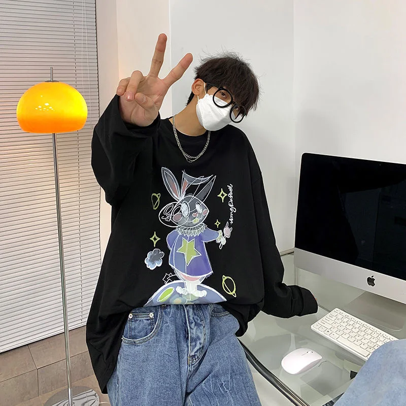 

Privathinker Black Tshirts Long Sleeve Rabbit Cartoon Spring Men's Tops Tees Fashion Brand Oversize New Male Base Clothing