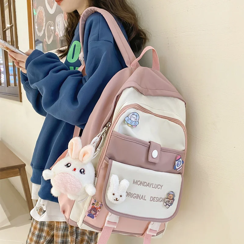 

Women Backpack Waterproof Multi-Pocket Nylon Bookbag Badge Schoolbag for Student Girls Kawaii Laptop Backpacks Travel Mochilas
