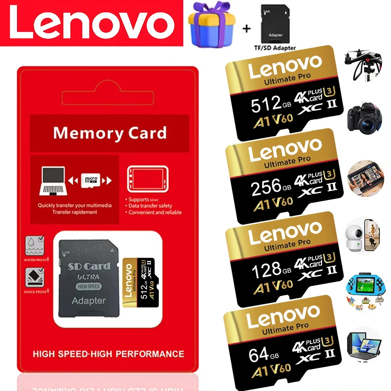 Фото Оригинальная высокоскоростная карта памяти Lenovo Micro TF/SD TF 16GB 32GB 64GB 128GB 256GB 512GB C10 A1 UHS I для камеры GoPro D №1