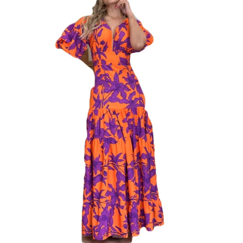 

Floral Print Sexi Summer Long Dress Orange Chest Wrapping Party Woman Beach Dress Boho Casual Ruffles Clothes Robe Vestidos