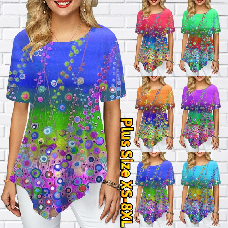 

Womens Crew Neck Gradient Color Top 3D Color Dot Print T-Shirt Ladies Fashion Comfort Short Sleeve Slim Fit Breathable XS-8XL