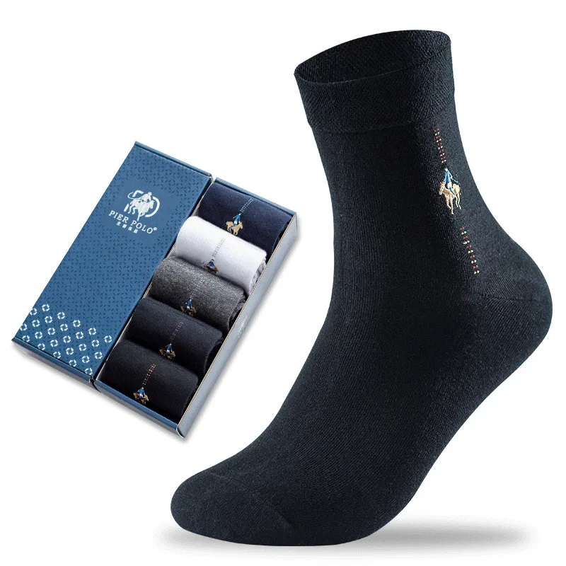 Business Fashion Brand 5 Pairs Men's Socks Solid Color Cotton Mid-tube Socks Sweat-absorbing Breathable Socks Boxed Gift