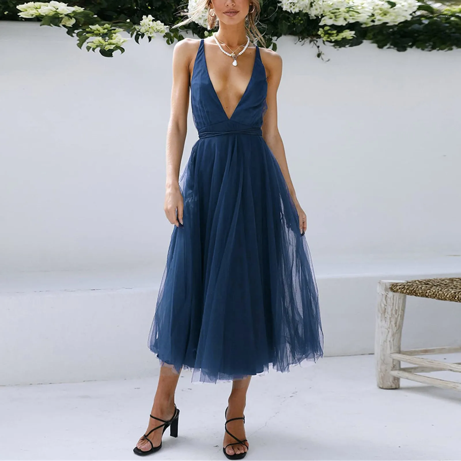 

Women Tulle Dresses Bridemaid Deep V Neck Backless Lace Up Empire Waist Midi Dress Prom Party Evening Stretch Cocktail Dress