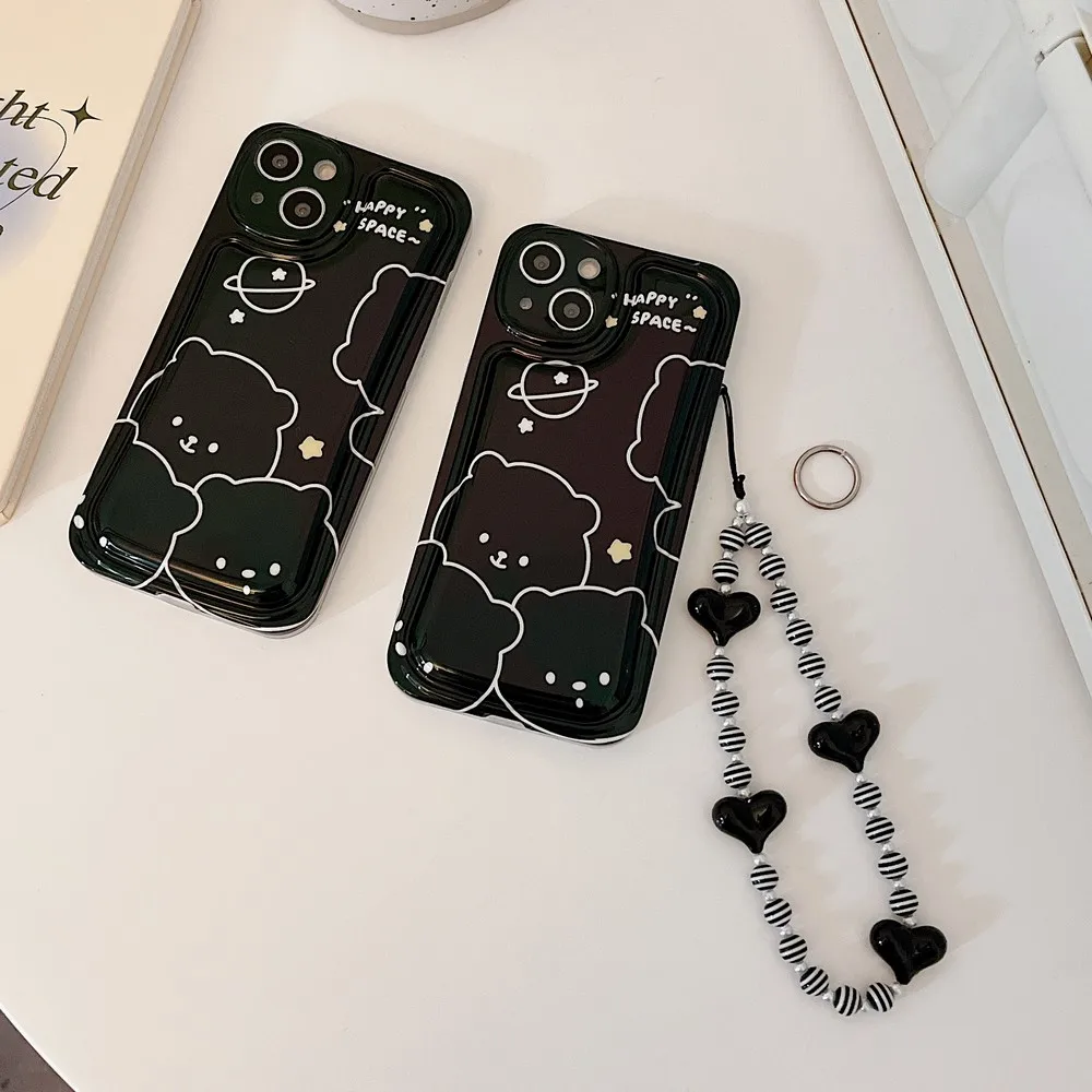 

Black Background White Line Bear Pattern Air Cushion Case for iPhone 13ProMax 13 XS X XR XSMAX 11ProMax 11 12Pro 12 Soft Shell
