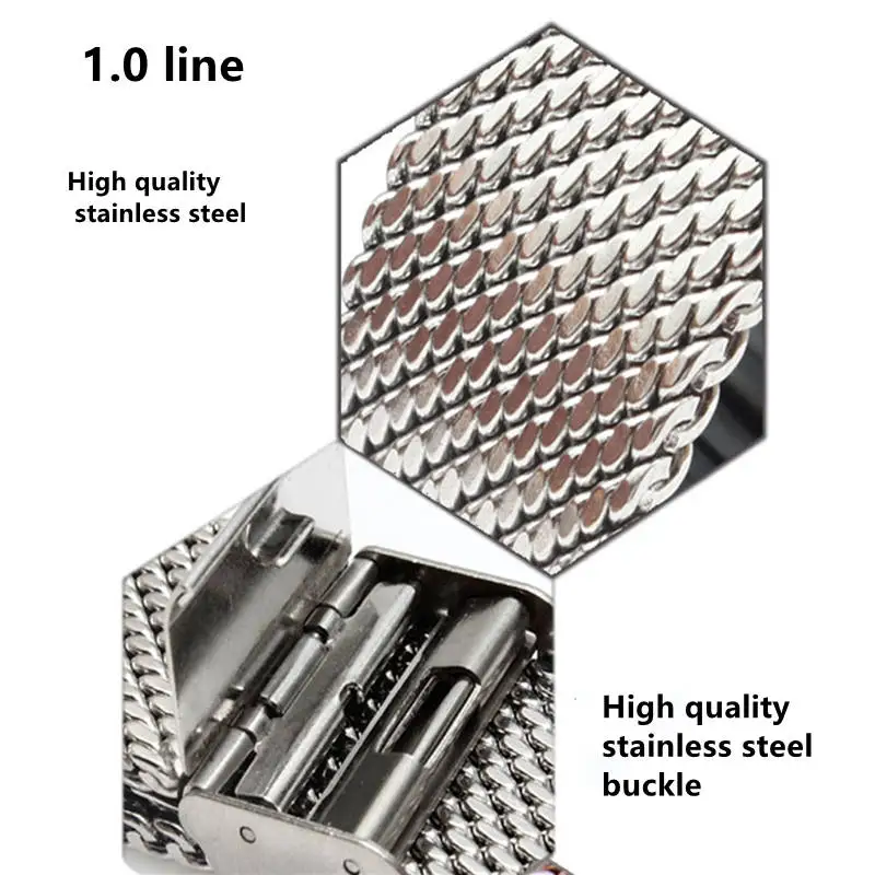 1.0 Line18mm 20mm 22mm 24mm Stainless Steel Mesh Folding Buckle Straight End Watch Band Strap Bracelet Fit For Smart Watch