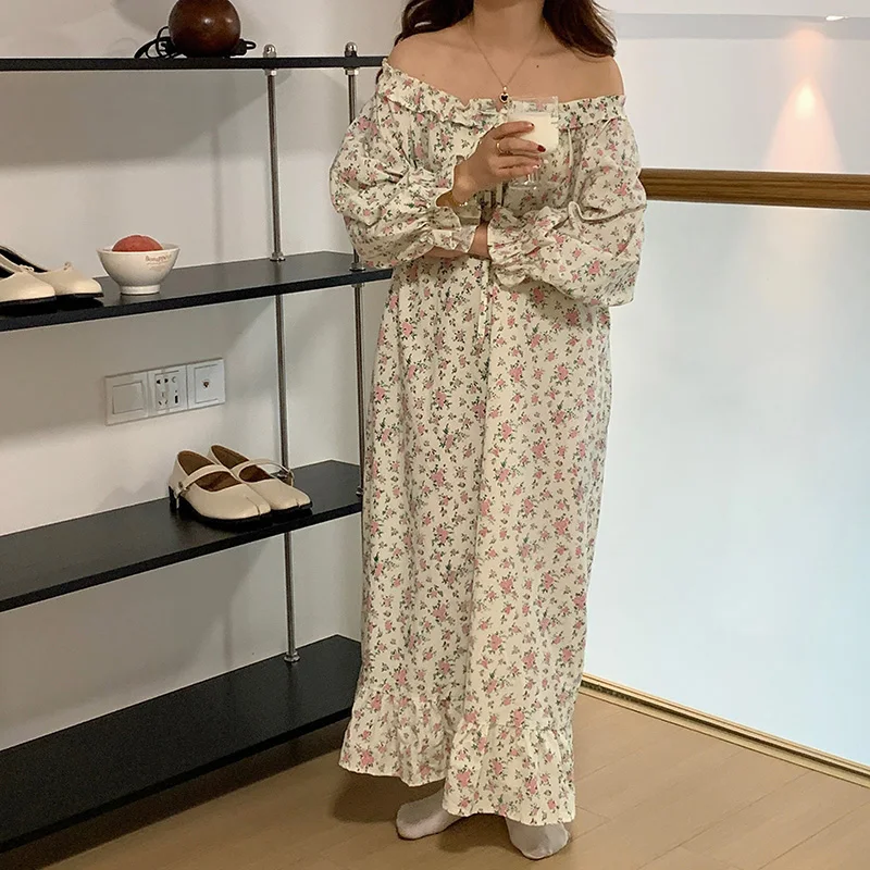 Soft Floral Home Ins Strapless Vintage Sweet Autumn Casual Elegant NightDress Women Loose Korean Long Sleeve Kawaii Printing