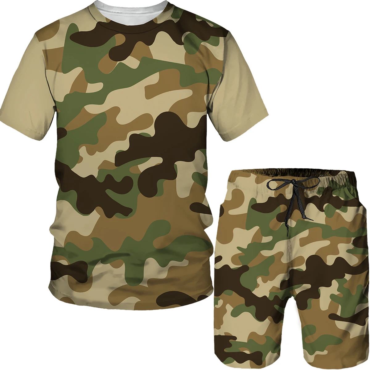 Men's new summer beach vacation short-sleeved tracksuit camouflage print T-shirt 2-piece set cool shorts oversized tracksuit