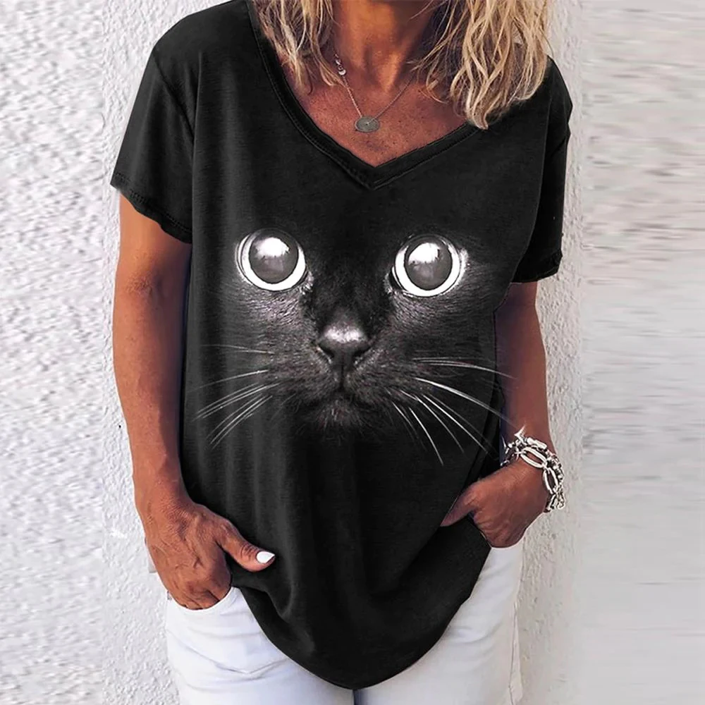 

Fashion Woman Blouses 2022 T-shirt Women's 3d Cats Print Black Kawaii V-neck T Shirt Female Clothing Oversized Summer Tops Tees