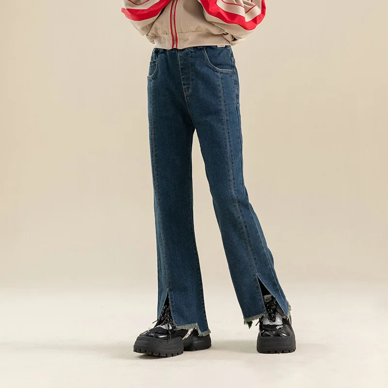 

Teenagers Girls Jeans Spring Autumn Fashion Dark Blue Flare Pants for Kids Casual All-match School Kids Truosers 13 14 Years