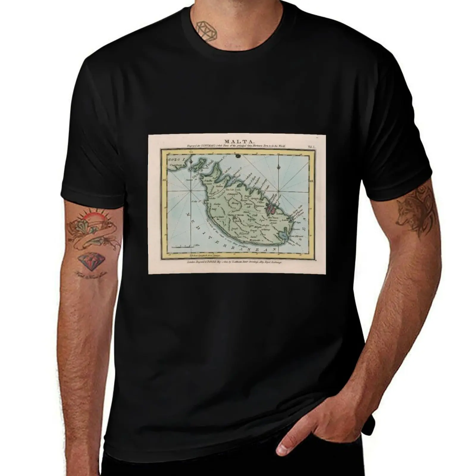 Фото Футболка с винтажной картой Мальты (1800), быстросохнущая футболка для занятий спортом на открытом воздухе №1