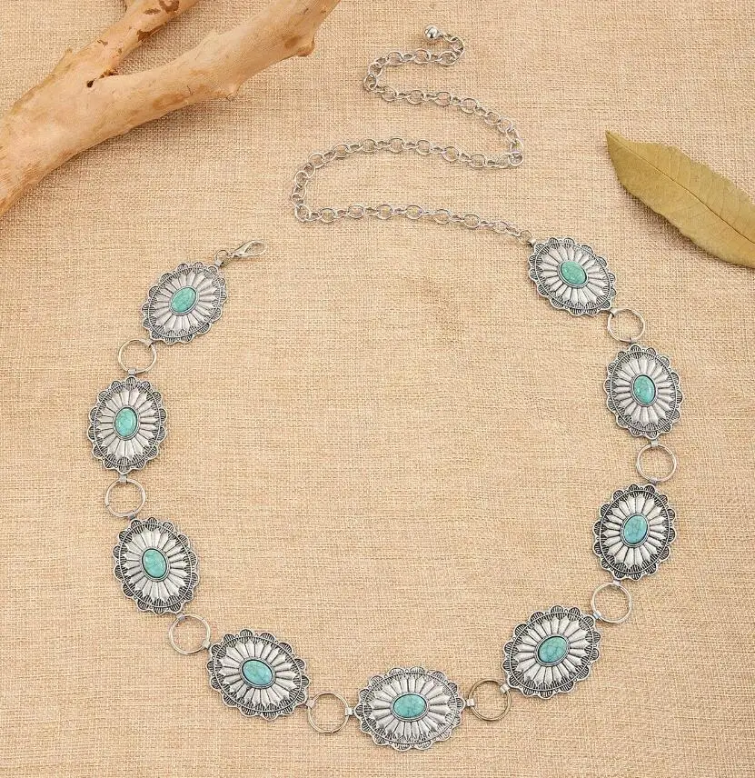 Fashion Geometric Alloy Conchos with Turquoise Decor Chain Belts for Women