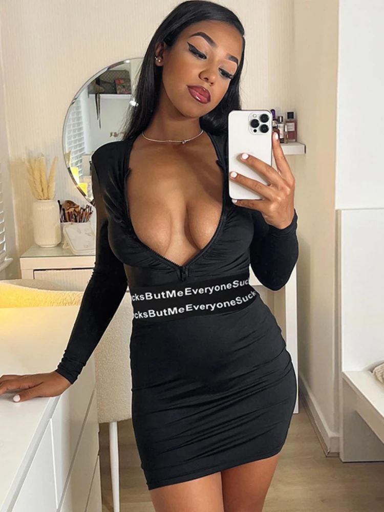 

Letter Printed Bodycon Mini Dress Summer V Neck Zipped Pleated Black Dress y2k Long Sleeve Party Evening Dresses for Women 2023