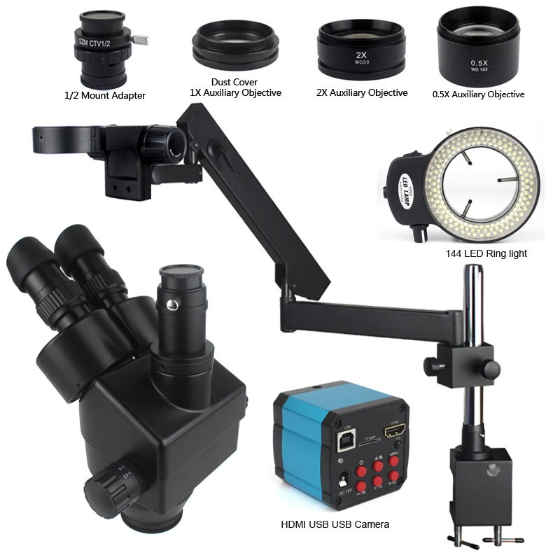 

3.5X-90X Soldering SMD Magnifier Articulating Arm Pillar Clamp Trinocular Stereo Microscope HDMI USB Video Microscopio Camera