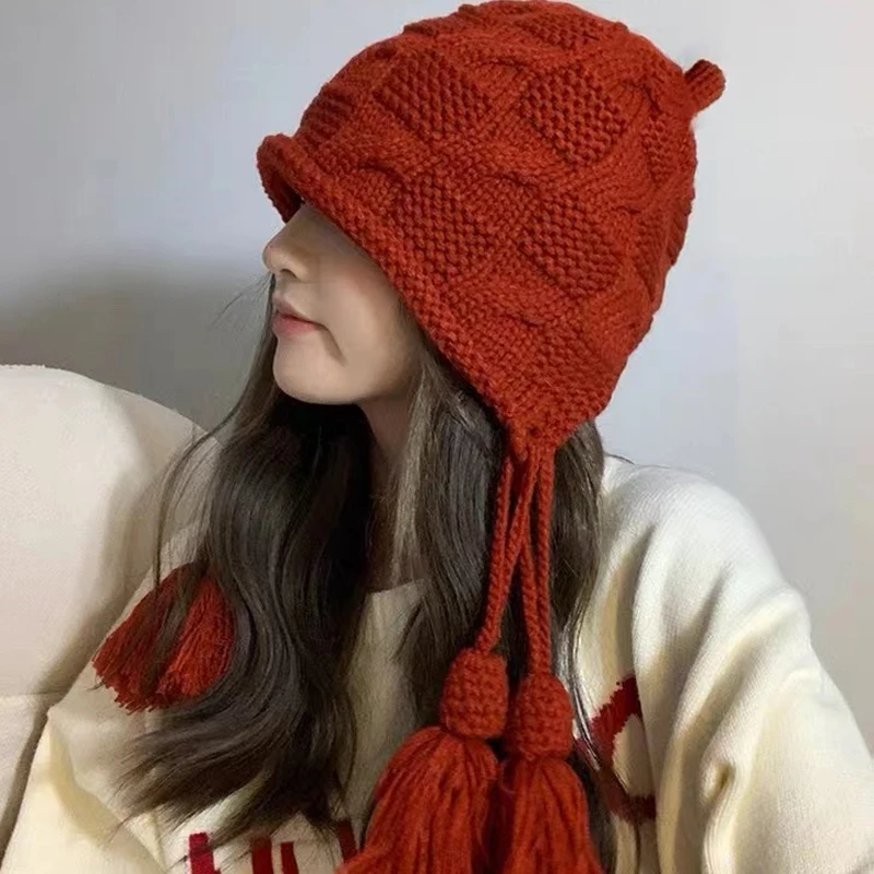 

Рождественская шапка женская осенне-зимняя теплая шерстяная шапка с кисточками пуловер и шапка ручной вязки Защитная шапка для ушей японск...