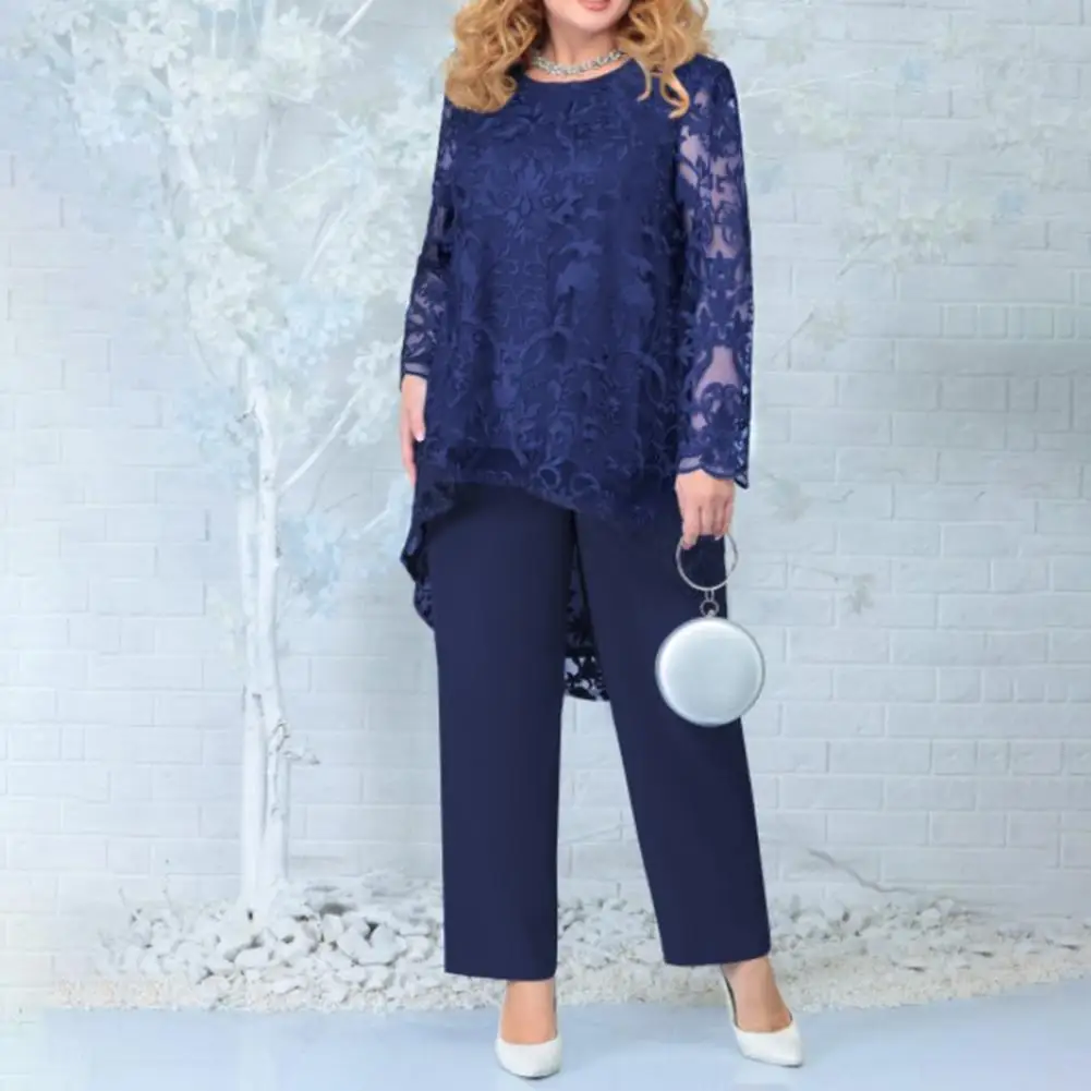 

Stylish Two Piece Set Long Sleeve Temperament Cut-out Crew Neck T-shirt Pants Ladies Women Outfit for Party