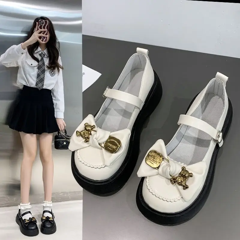 SHANPA Sweet Cool Mary Jane Leather Shoes Japanese Style for Women Thin Bow Shoes with Thick Soles In Spring and Summer 2023