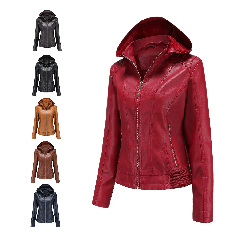 Nice Pop European and American autumn and winter women's clothing detachable hooded leather coat Plush warm jacket