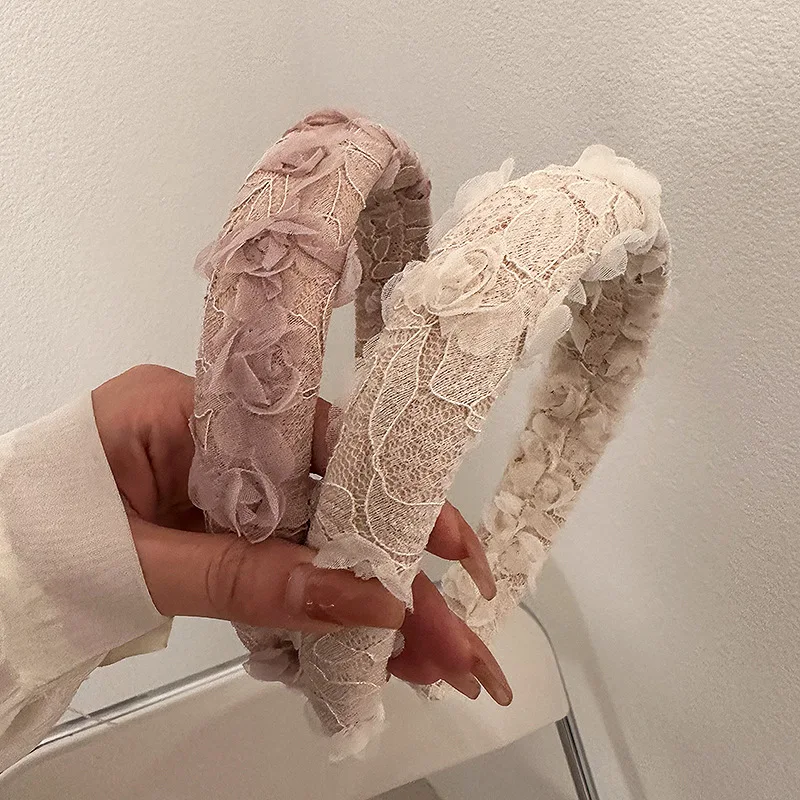 

Lace Flower Sponge Wide Hair Band 2023 Korean Summer Sweet Fairy Sen Series Pink Beige Headband Hair Accessories
