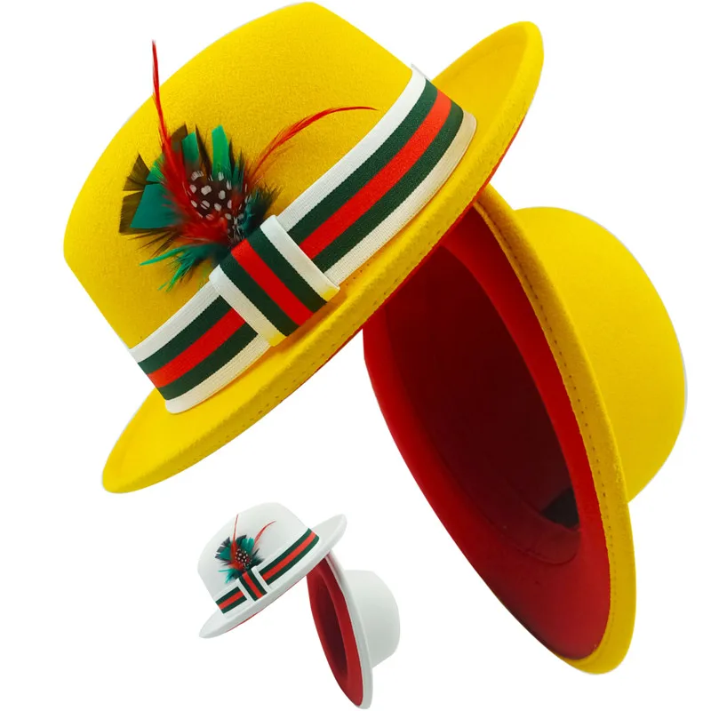 

Wholesale price Fedora hat new oval hat top M logo green ribbon accessories winter men and women felt jazz hat шляпа женская