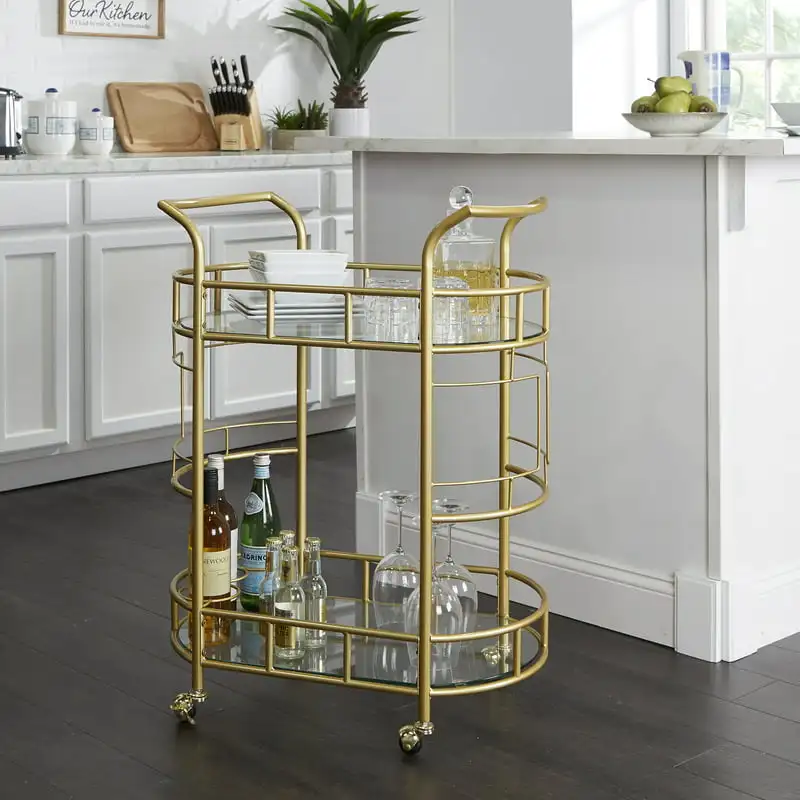 

Fitzgerald Bar Cart с матовым золотым металлом, 2-Ярусный стол, Кухонная Тележка, домашняя кухонная мебель