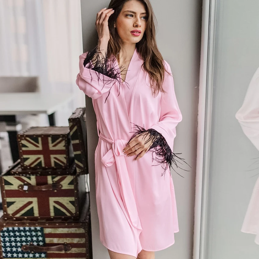 

Restve Feathers Women Robes With Sashes Patchowrk Long Sleeve Home Robe Casual Nightwear Female Elegant Bathrobe Spring 2022