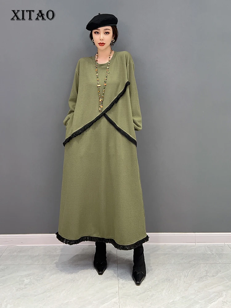 

XITAO Tassel Women Dress Fashion Full Sleeve Goddess Fan Casual Style Pleated Patchwork Pocket 2022 Winter Loose Dress SMH1151