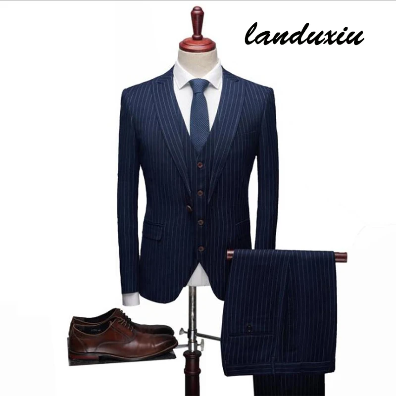 

Pinstripe Trousers Suit Three-piece Mens Wedding Groom Korean Slim Single Button Suits landuxiu