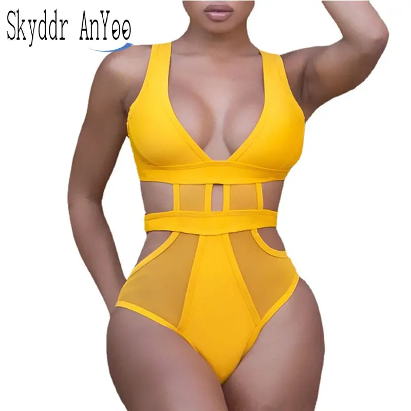 

Swimwear Women 2022 Stylish Sexy Bodysuit Mesh Patchwork One Piece Swimsuit Push Up Monokini Bathers Bathing Suit Beachwear