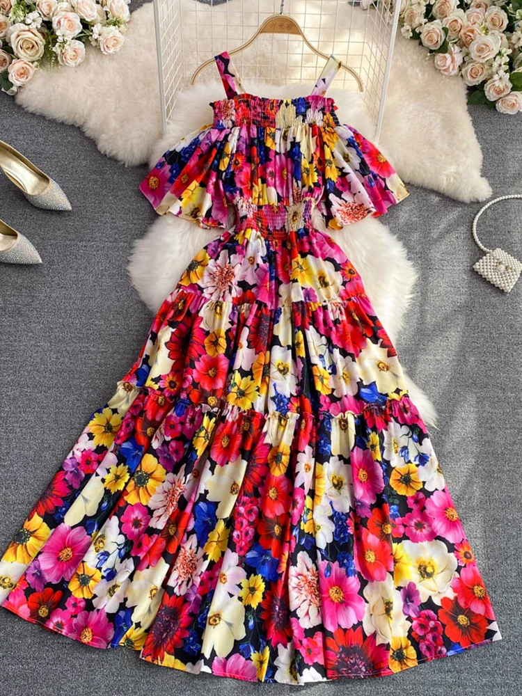 

FMFSSOM Summer New Women High Waist Slim Print A-Line Dress Female Fashion Casual Elegant Backless Spaghetti Strap Dresses