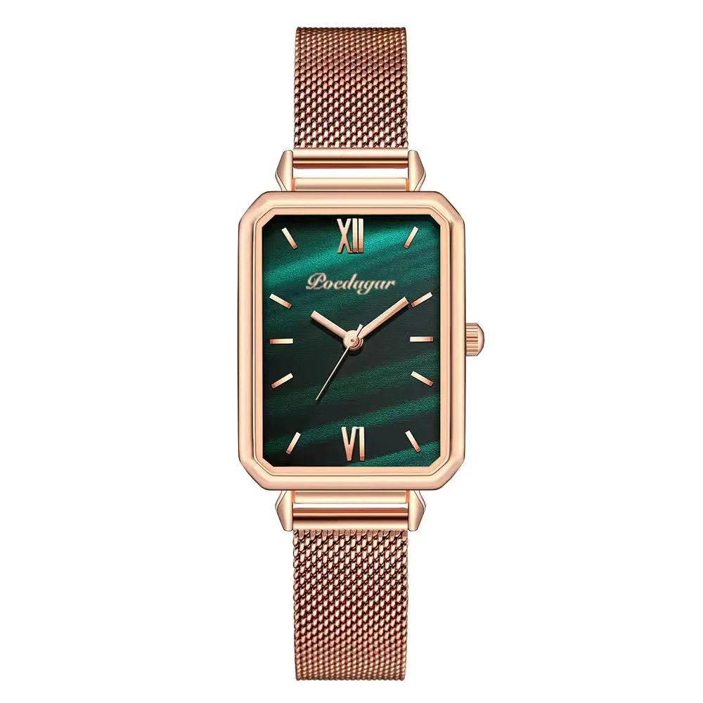 POEDAGAR Popular Simple Waterproof Women's Small Green Watch Square Quartz Solid Steel Band High Quality Belt Watch Retro Peacoc
