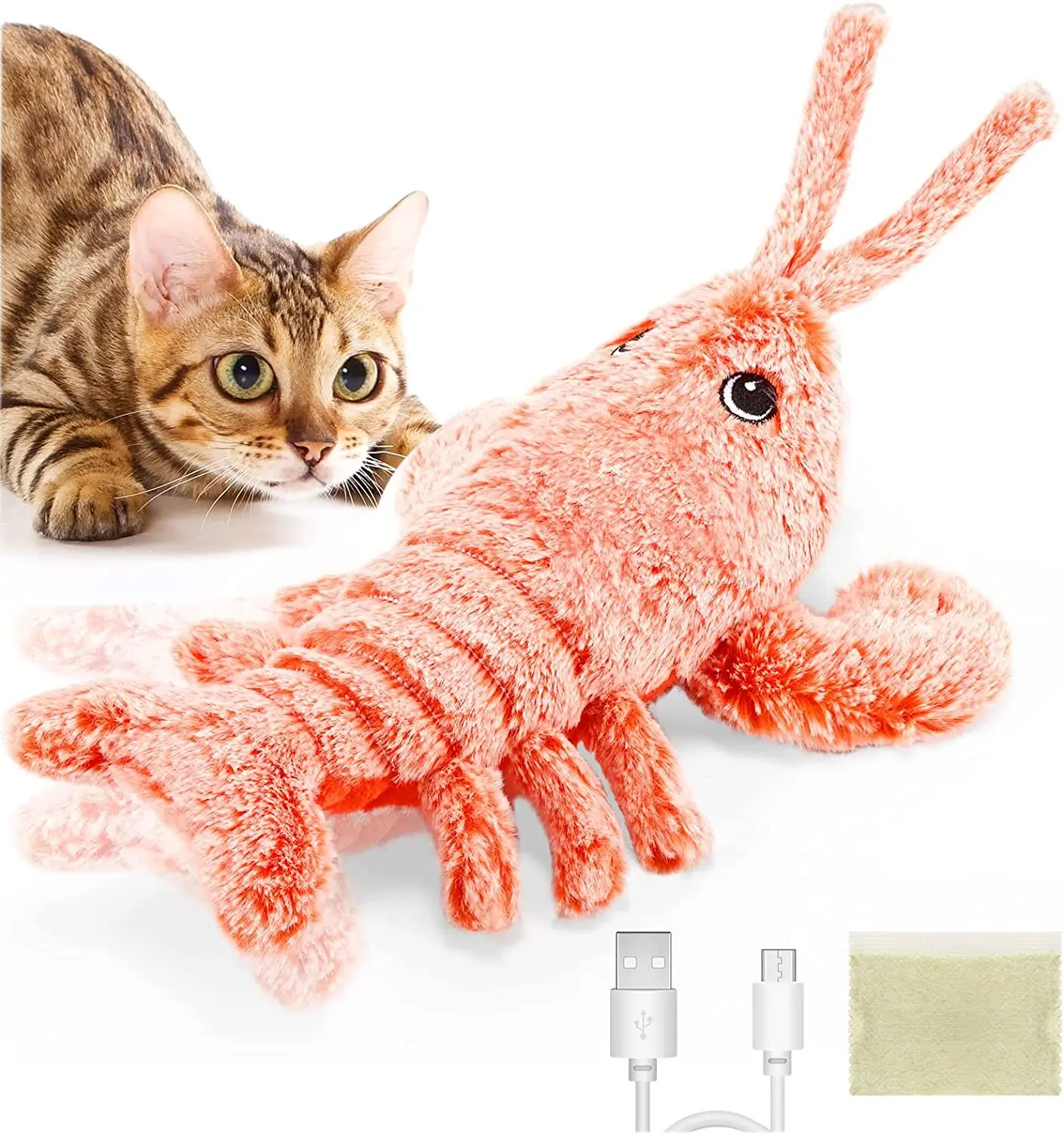 Electric Flopping Lobster Cat Toy Realistic Jumping Shrimp Plush Interactive Washable Toys With Catnip Packets For Cat Small Dog