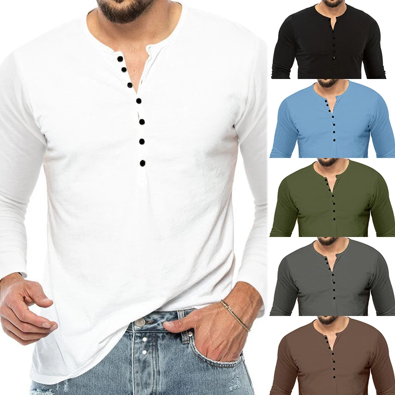 

Foreign Trade Summer New Men's Casual Henry Seven breasted Round Neck Shirt T-shirt Men's Slim Fit Sports Summer Wear