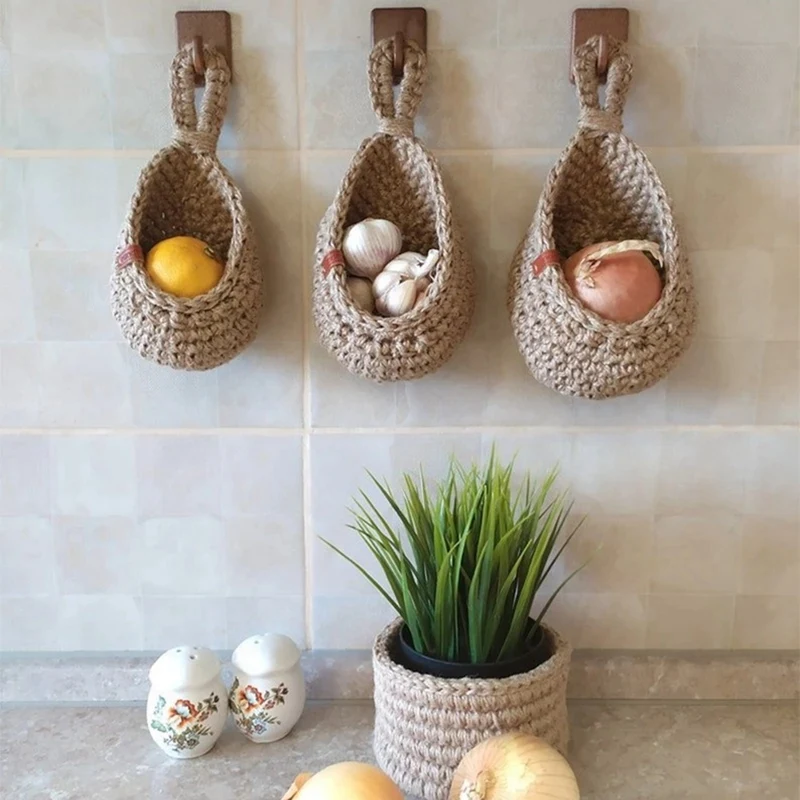 

2 Pcs Wall Hanging Vegetable And Fruit Basket Woven Fruit Basket Kitchen Table Wall Hanging Storage Basket Dry Shelf